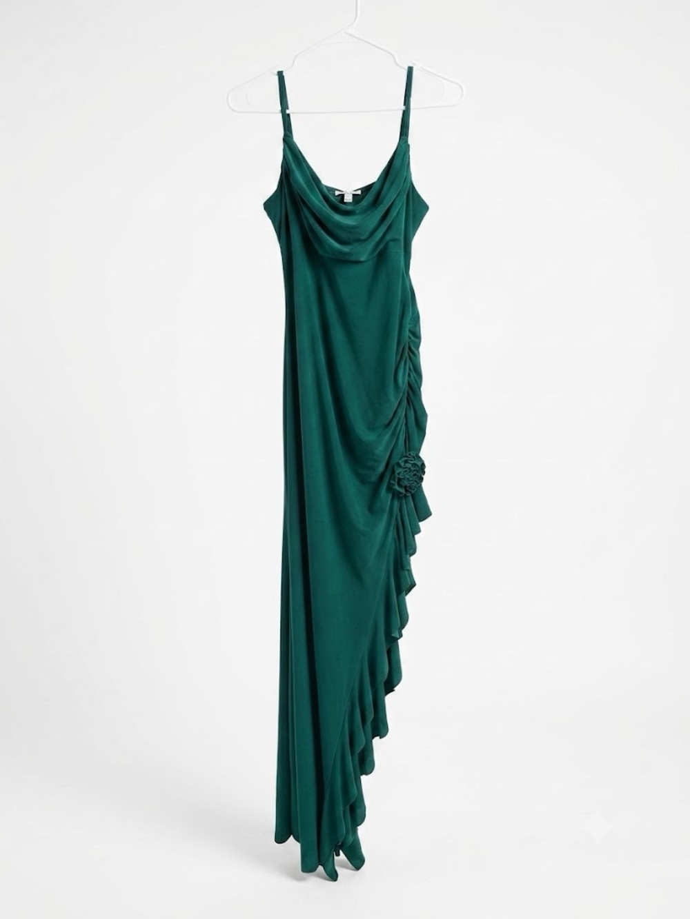 Emerald Green Draped Spaghetti Strap Evening Dress